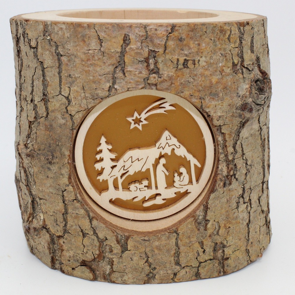 Unbranded Nativity Log Candle Holder Unisex Medium Brown Good Rustic Wood Bark